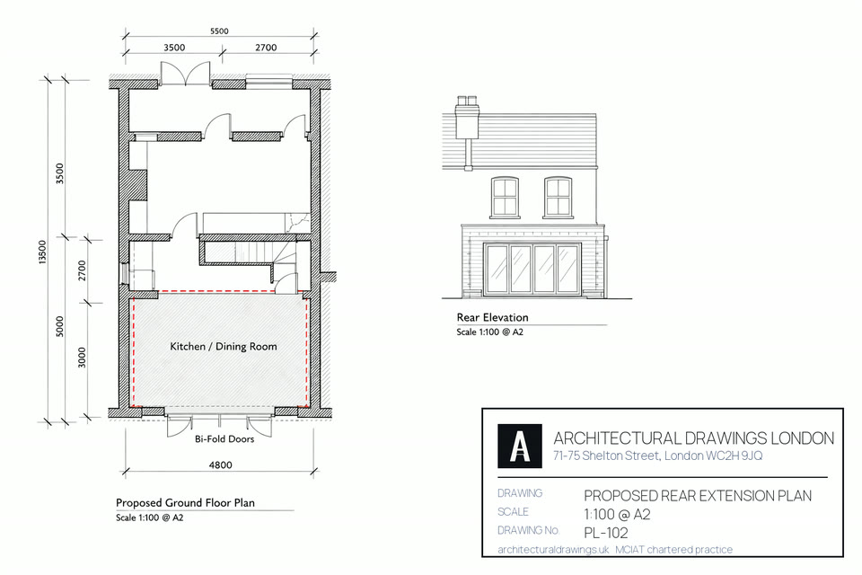 Proposed plan for house extension drawings in London — existing footprint in solid hatch, the new projection dimensioned against it