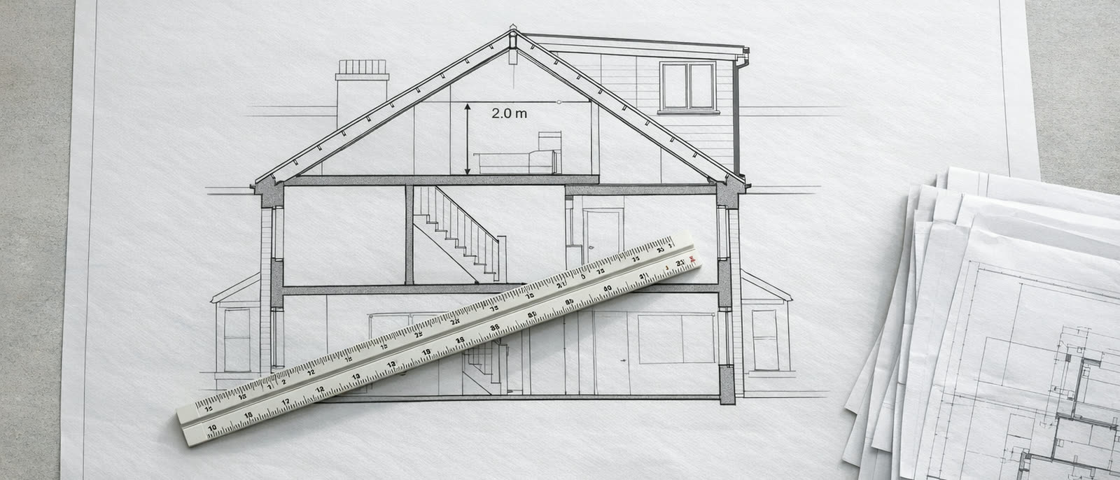 A printed loft conversion section drawing — rafters, ridge, the new dormer and a dimensioned head height — loft conversions in London